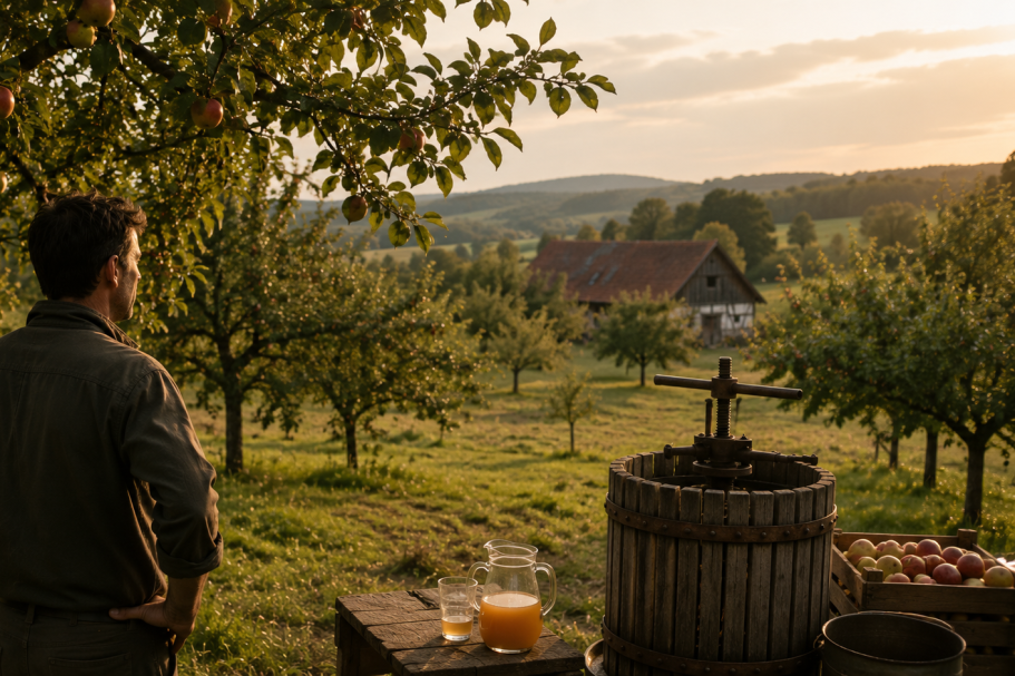 Mann steht vor einem Obstgarten, Blick auf eine Bauernhauslandschaft bei Sonnenuntergang.