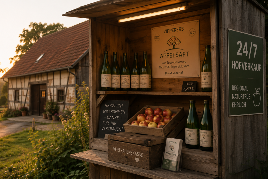 Verkaufsstand mit Apfelwein, Äpfeln und einer alten Scheune im Hintergrund.