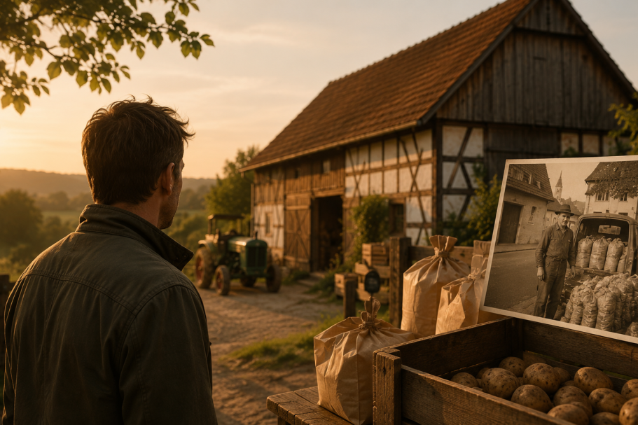 Mann betrachtet ein altes Foto vor einer Scheune, umgeben von landwirtschaftlichen Dingen.