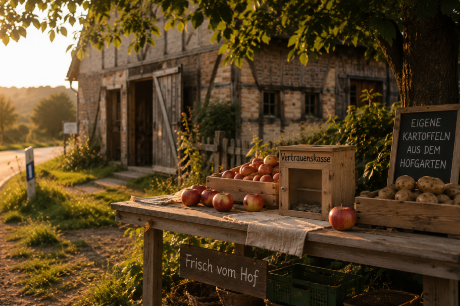 Holztisch mit Äpfeln vor einem alten Bauernhaus, Sonnenuntergang im Hintergrund.