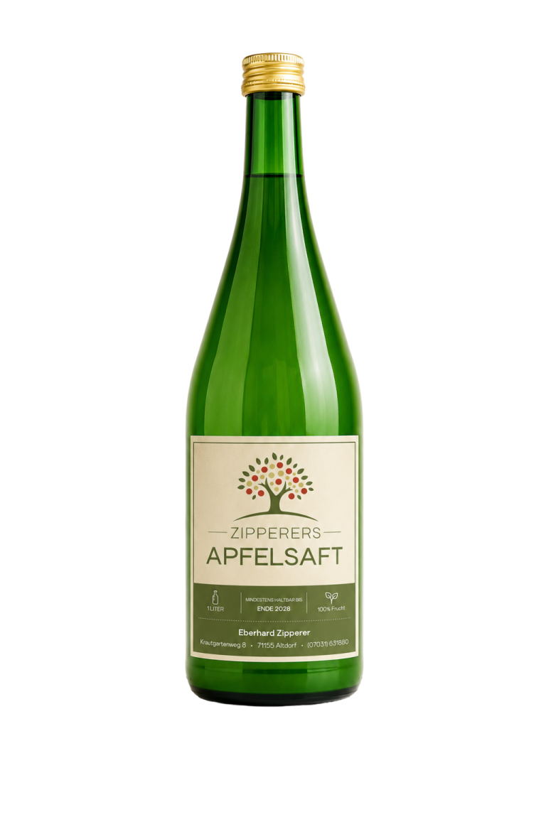 Grüne Flasche mit Apfelsaft-Label und goldener Kappe.